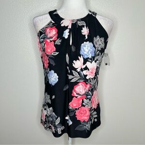 New INC Womens Black & Pink Floral Sleeveless Keyhole Jersey Top Blouse Size S